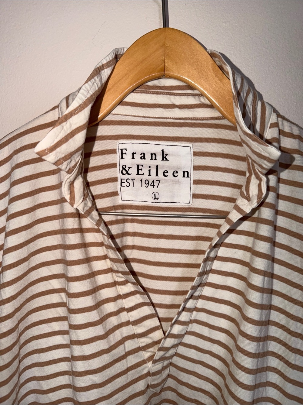 Frank & Eileen Patrick Popover Henley Vintage White and Camel Stripe Size L - Picture 5 of 9